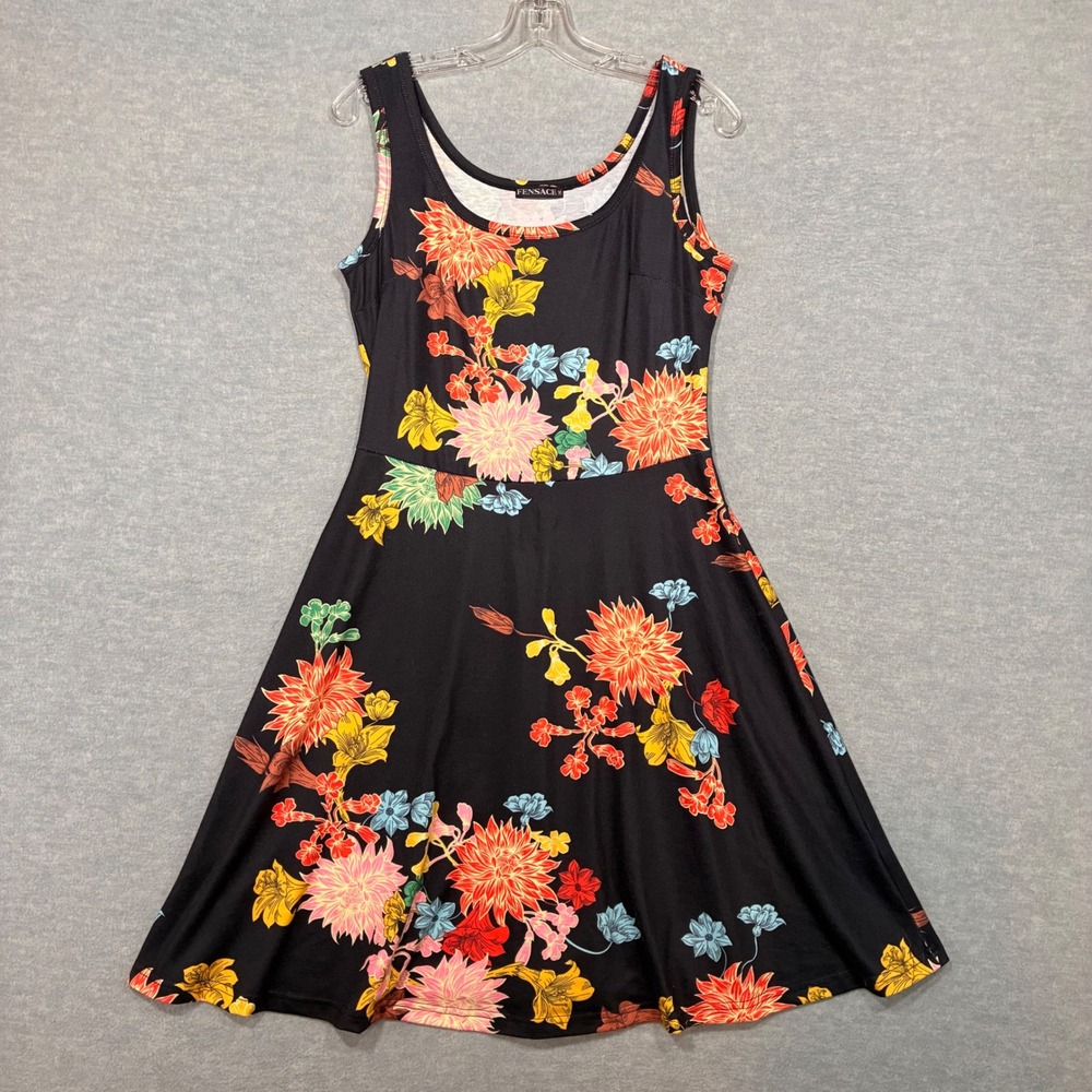 Fensace Women Black Floral Skater Dress Sleeveless Scoop Neck A-Line Size Medium